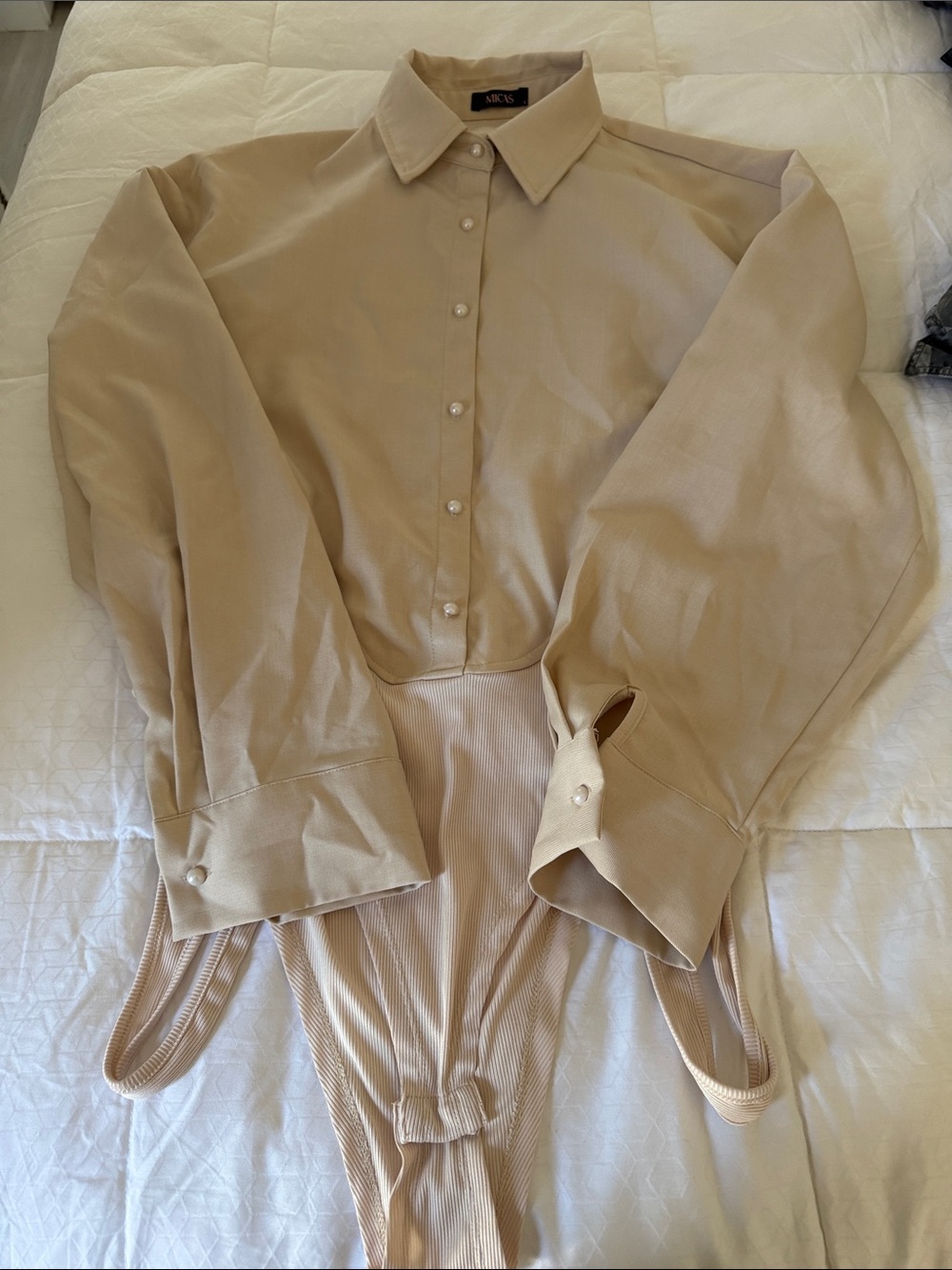 Moss Beige Button-Front Shirt Bodysuit